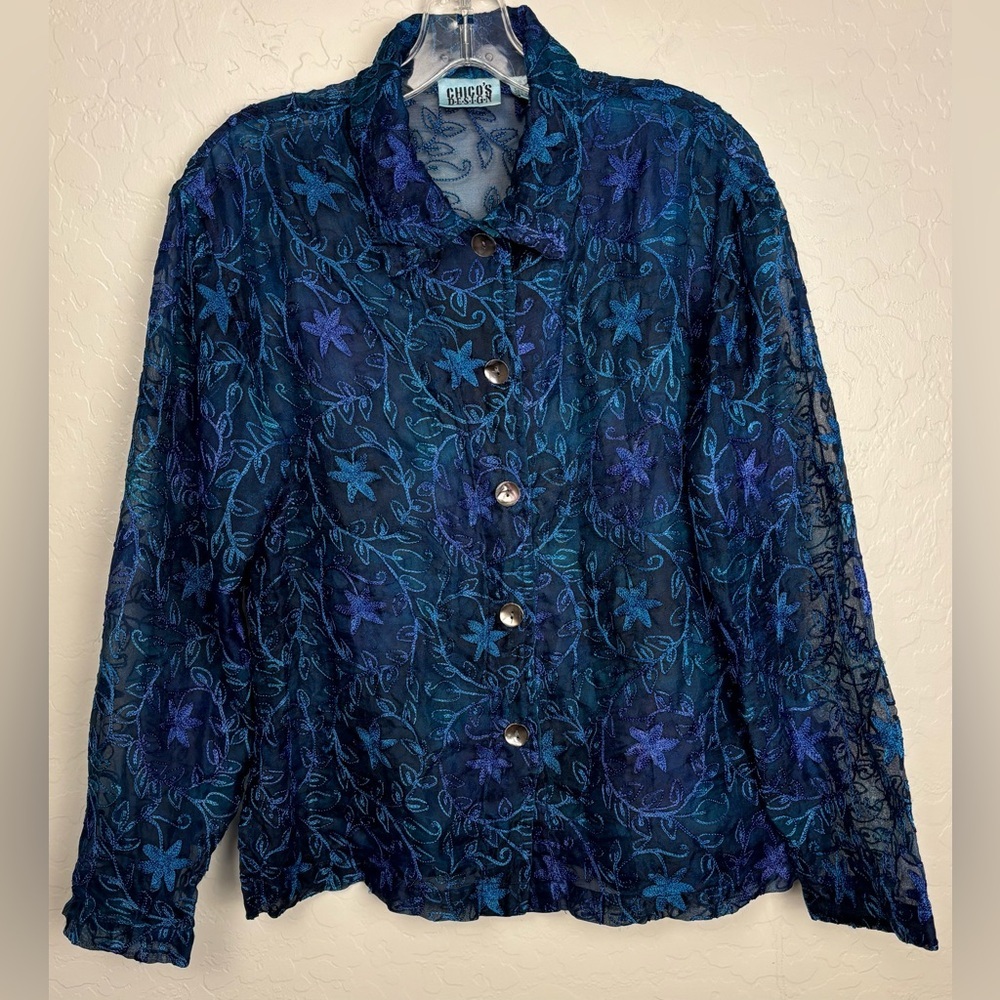 Chicos Design Blue Silk Embroidered Sheer Button Down Shirt Top Sz 1 Medium 0552